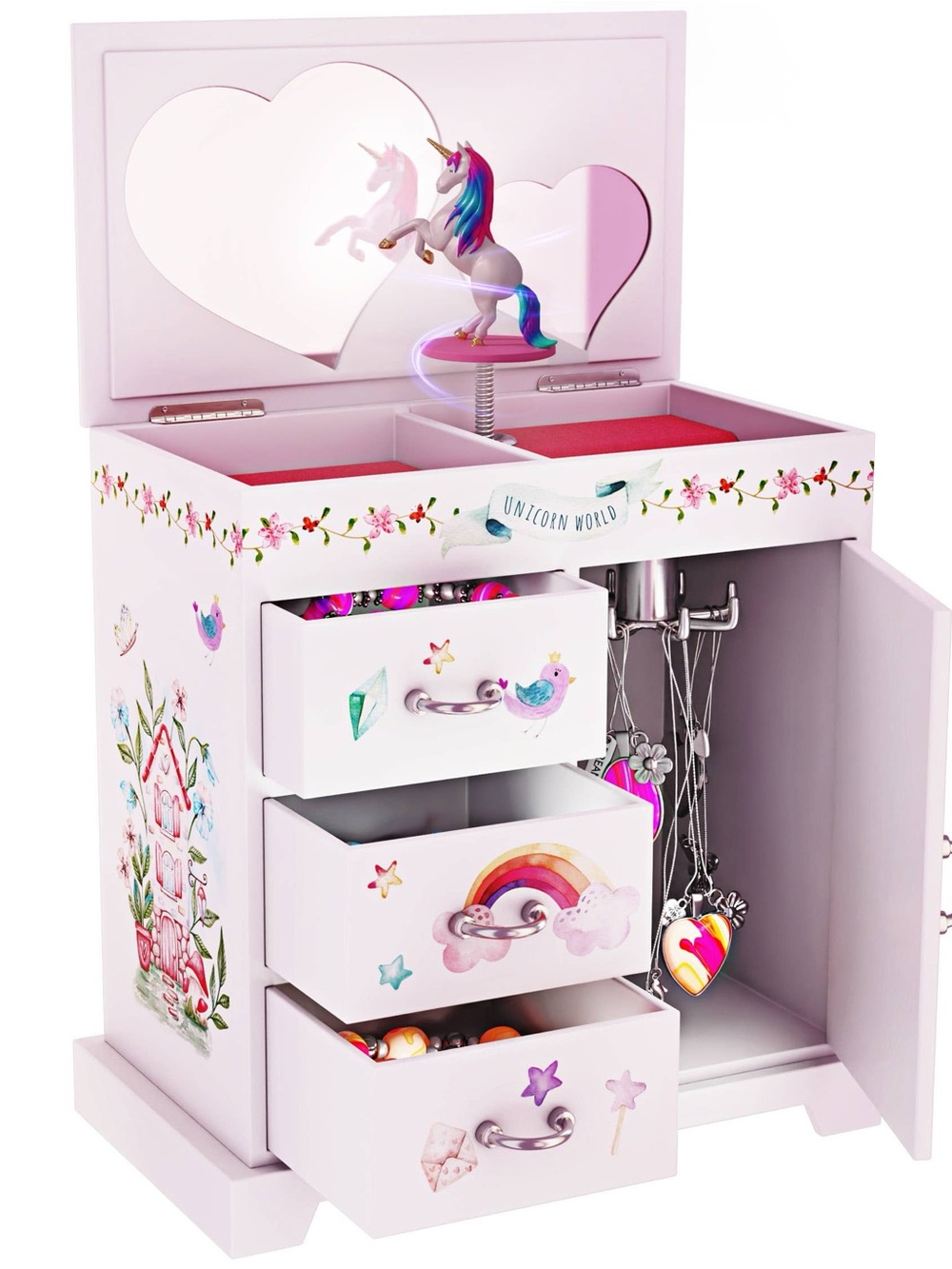 NIB Unicorn Musical Jewelry Box Kids 3 Drawer Chest Spinning Unicorn & Mirrors